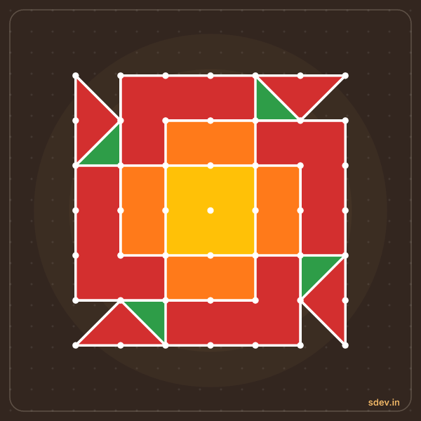Pulli Rangoli, 7 - 7 straight dots, No. 114: finished kolam design