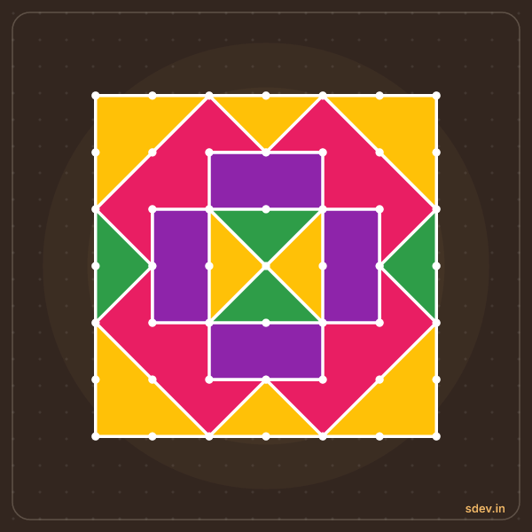 Pulli Rangoli, 7 - 7 straight dots, No. 116: finished kolam design