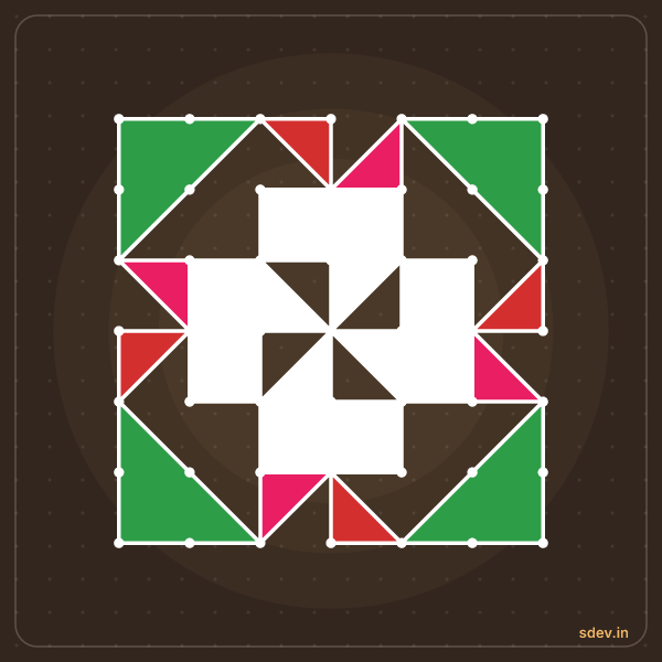 Pulli Rangoli, 7 - 7 straight dots, No. 118: finished kolam design