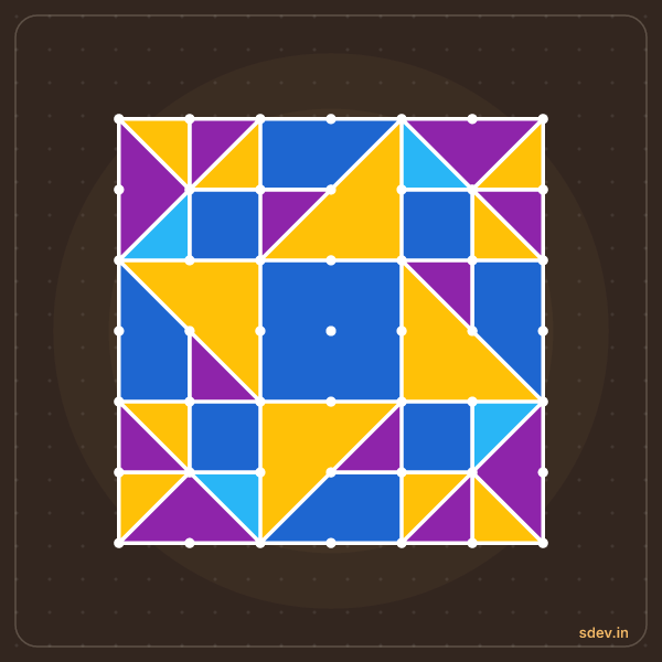 Pulli Rangoli, 7 - 7 straight dots, No. 127: finished kolam design