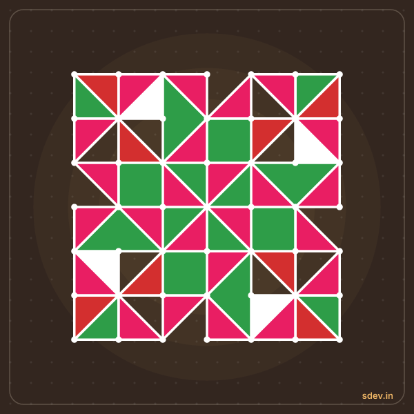 Pulli Rangoli, 7 - 7 straight dots, No. 130: finished kolam design
