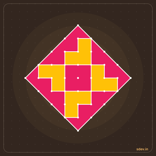 Pulli Rangoli, 9 - 1 straight dots, No. 41: finished kolam design