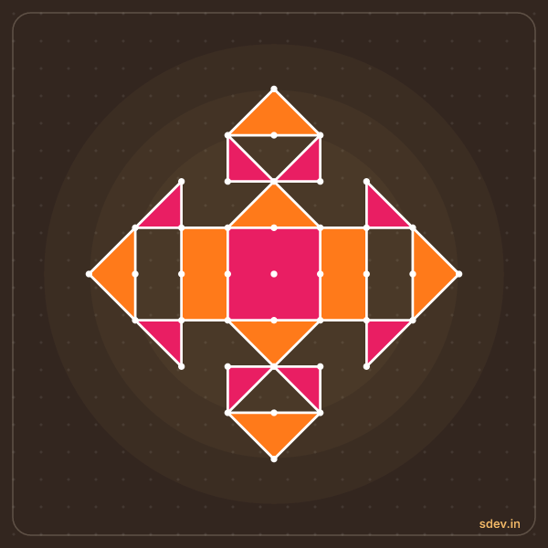 Pulli Rangoli, 9 - 1 straight dots, No. 51: finished kolam design