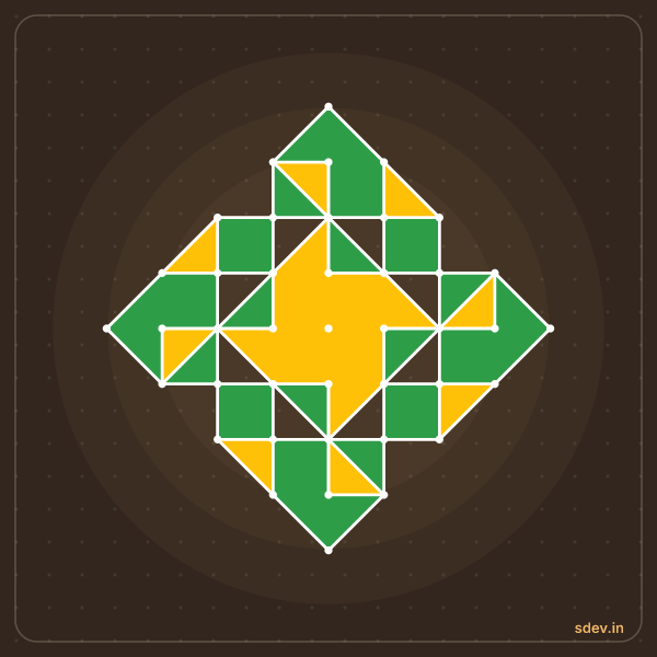 Pulli Rangoli, 9 - 1 straight dots, No. 63: finished kolam design