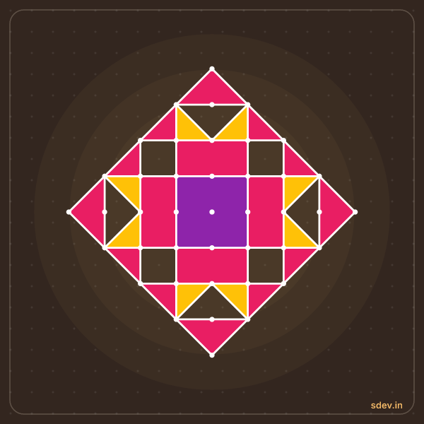 Pulli Rangoli, 9 - 1 straight dots, No. 82: finished kolam design