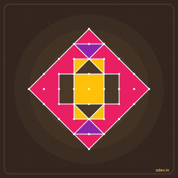Pulli Rangoli, 9 - 1 straight dots, No. 106: finished kolam design
