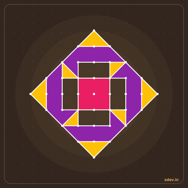 Pulli Rangoli, 9 - 1 straight dots, No. 110: finished kolam design