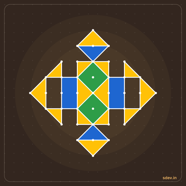 Pulli Rangoli, 9 - 1 straight dots, No. 112: finished kolam design