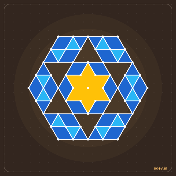 Pulli Rangoli, 9 - 5 interlaced dots, No. 85: finished kolam design
