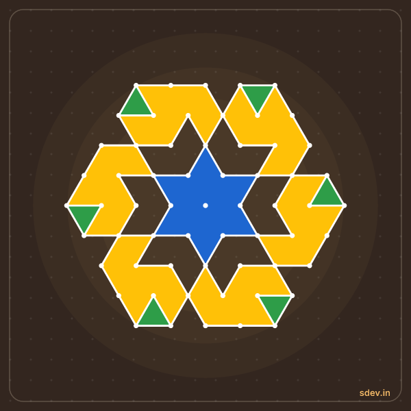 Pulli Rangoli, 9 - 5 interlaced dots, No. 94: finished kolam design