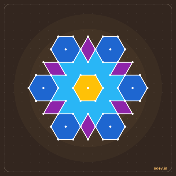Pulli Rangoli, 9 - 5 interlaced dots, No. 127: finished kolam design
