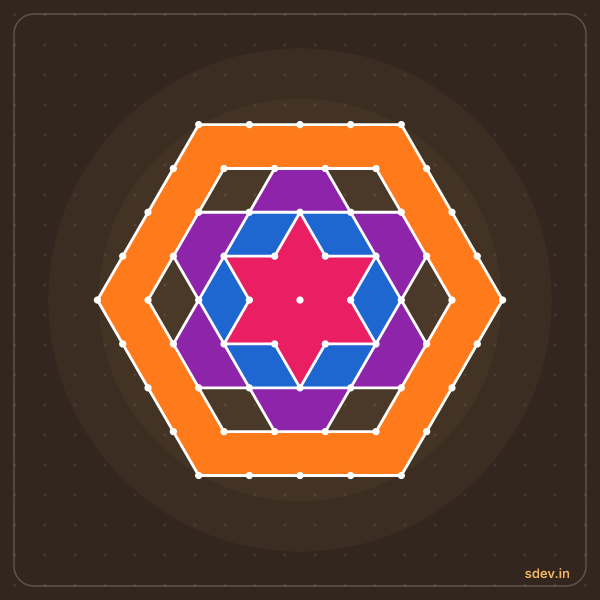 Pulli Rangoli, 9 - 5 interlaced dots, No. 128: finished kolam design