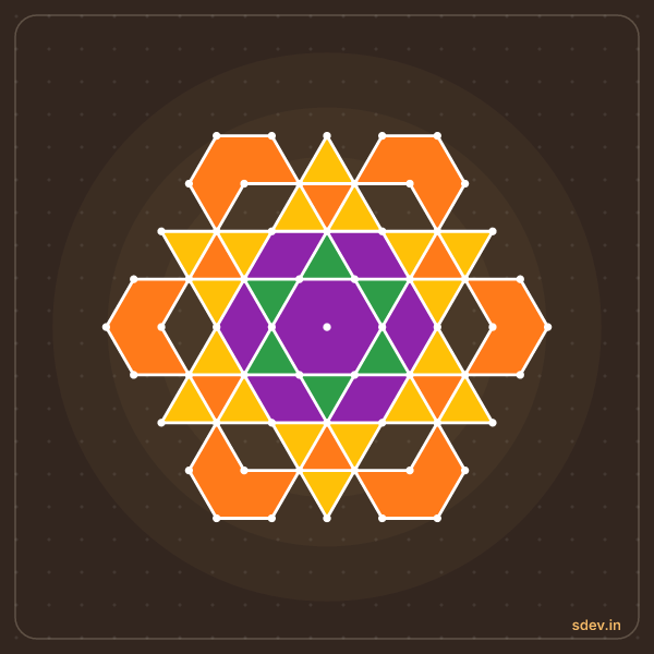 Pulli Rangoli, 9 - 5 interlaced dots, No. 144: finished kolam design