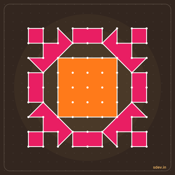Pulli Rangoli, 9 - 9 straight dots, No. 1: finished kolam design
