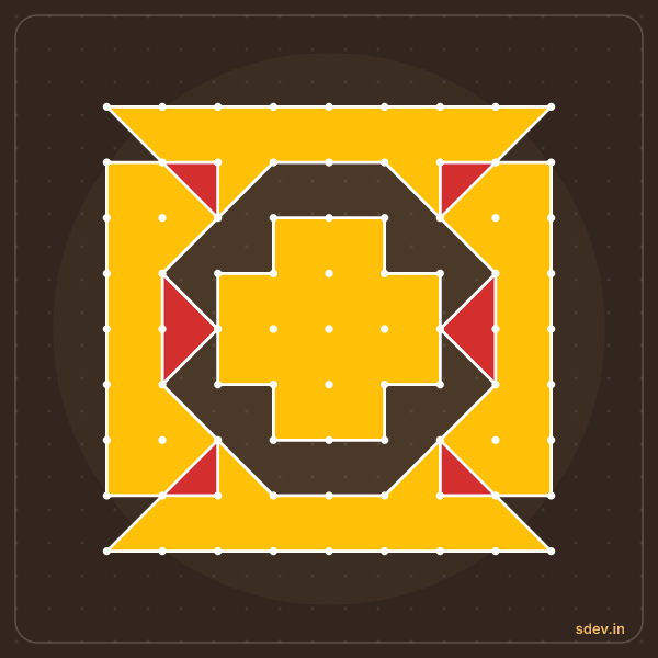 Pulli Rangoli, 9 - 9 straight dots, No. 39: finished kolam design