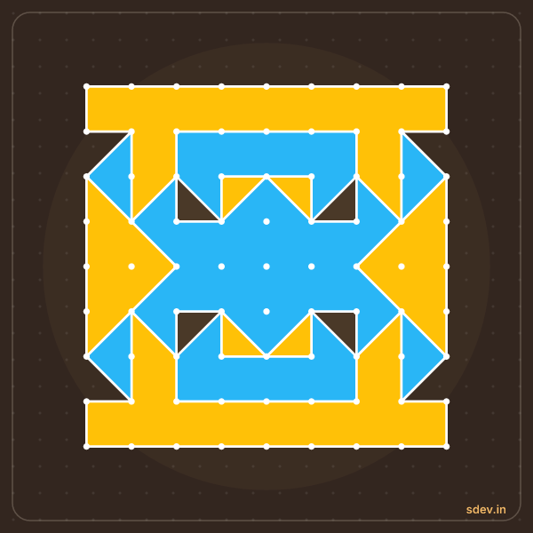Pulli Rangoli, 9 - 9 straight dots, No. 40: finished kolam design