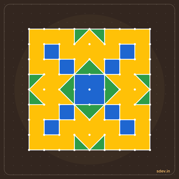 Pulli Rangoli, 9 - 9 straight dots, No. 66: finished kolam design