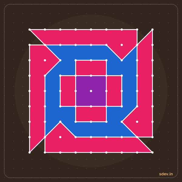 Pulli Rangoli, 9 - 9 straight dots, No. 102: finished kolam design