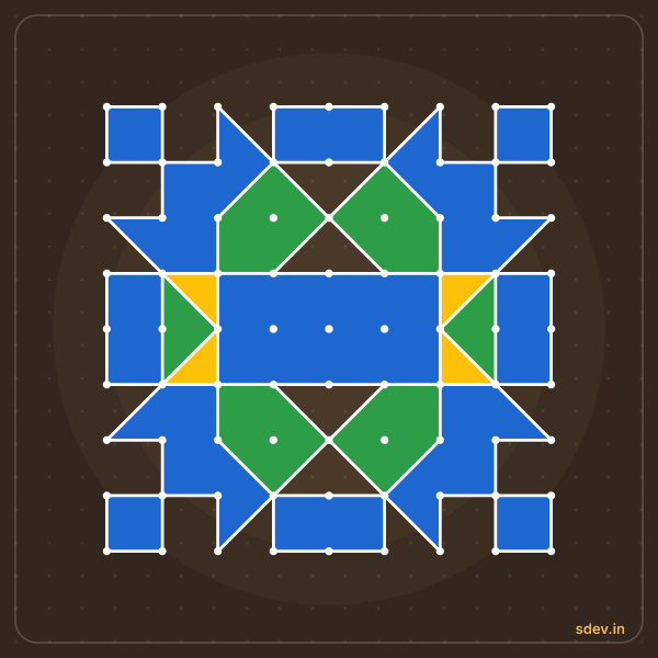 Pulli Rangoli, 9 - 9 straight dots, No. 103: finished kolam design