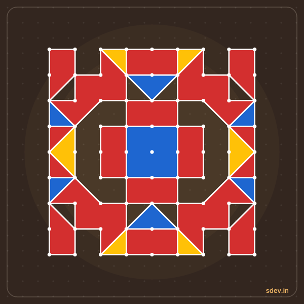 Pulli Rangoli, 9 - 9 straight dots, No. 111: finished kolam design