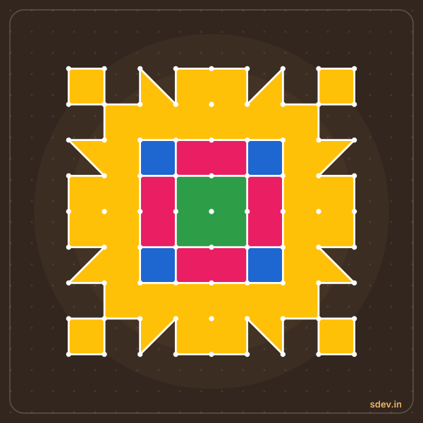 Pulli Rangoli, 9 - 9 straight dots, No. 127: finished kolam design