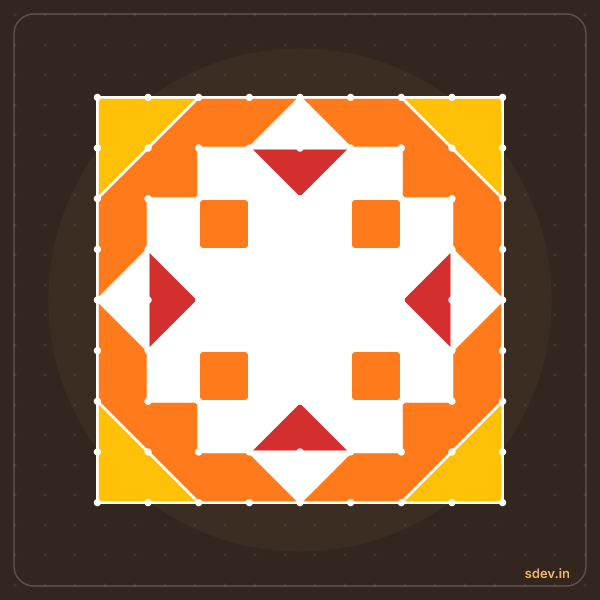 Pulli Rangoli, 9 - 9 straight dots, No. 128: finished kolam design