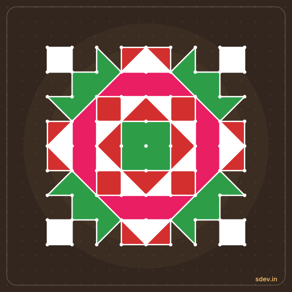 Pulli Rangoli, 9 - 9 straight dots, No. 138: finished kolam design