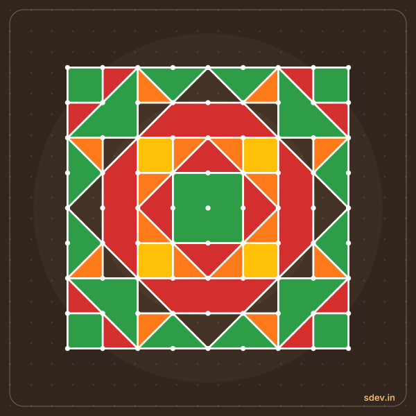 Pulli Rangoli, 9 - 9 straight dots, No. 159: finished kolam design
