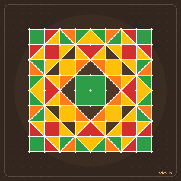 Pulli Rangoli, 9 - 9 straight dots, No. 164: finished kolam design