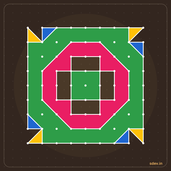 Pulli Rangoli, 9 - 9 straight dots, No. 165: finished kolam design