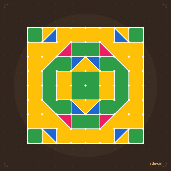 Pulli Rangoli, 9 - 9 straight dots, No. 166: finished kolam design