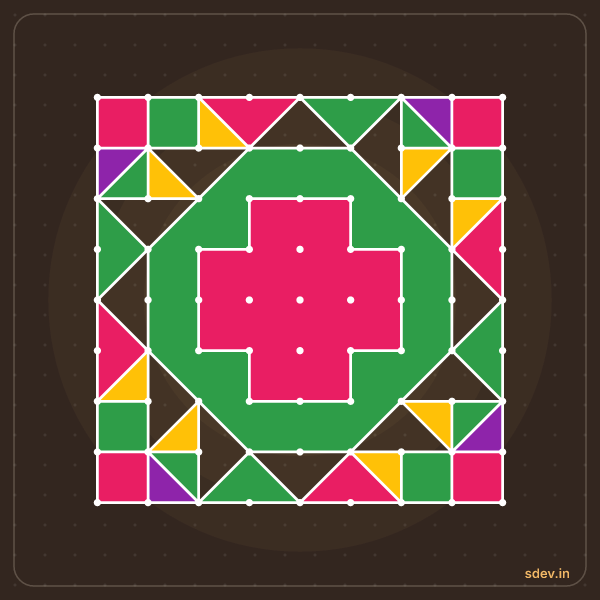 Pulli Rangoli, 9 - 9 straight dots, No. 171: finished kolam design