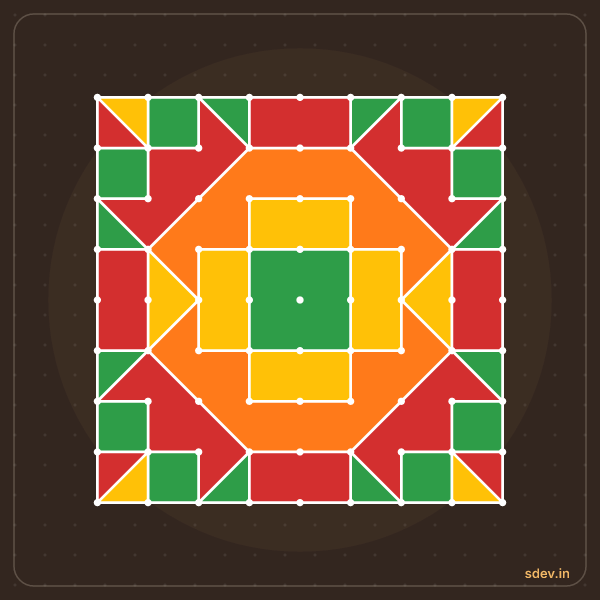 Pulli Rangoli, 9 - 9 straight dots, No. 172: finished kolam design