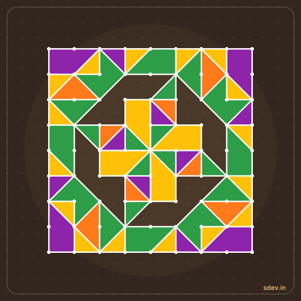 Pulli Rangoli, 9 - 9 straight dots, No. 185: finished kolam design