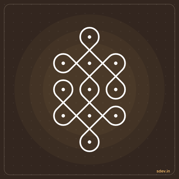Sikku Kolam, 1-3-3-3-1 straight dots, No. 6: finished kolam design