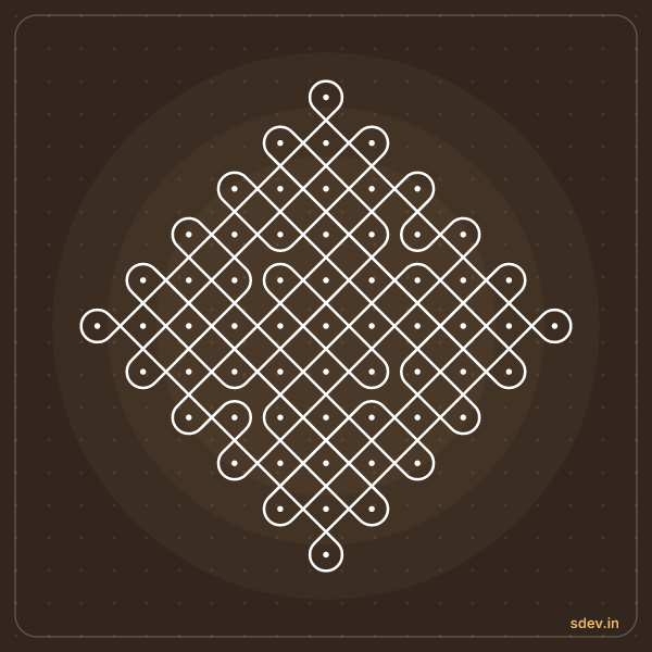 Sikku Kolam, 11 - 1 straight dots, No. 44: finished kolam design