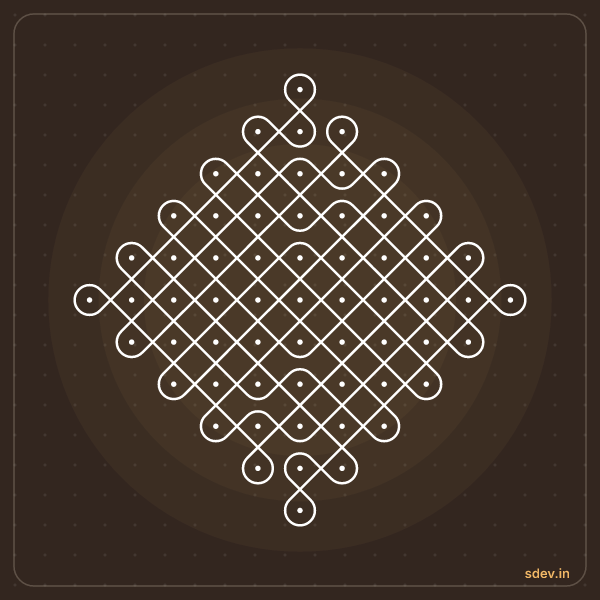 Sikku Kolam, 11 - 1 straight dots, No. 49: finished kolam design