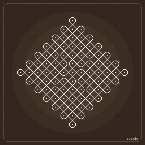 Sikku Kolam, 13 - 1 straight dots, No. 15: finished kolam design