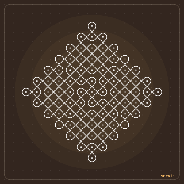 Sikku Kolam, 13 - 1 straight dots, No. 16: finished kolam design