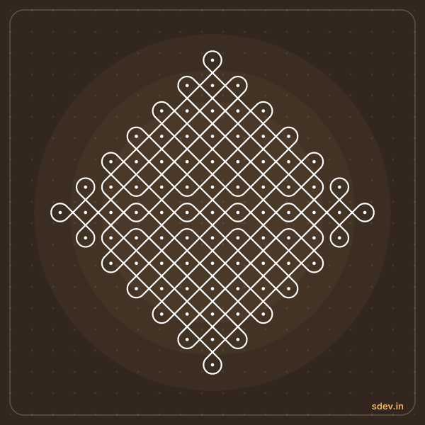 Sikku Kolam, 13 - 1 straight dots, No. 20: finished kolam design