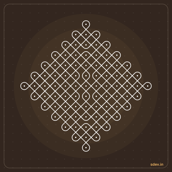 Sikku Kolam, 13 - 1 straight dots, No. 34: finished kolam design