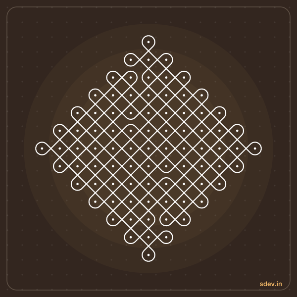 Sikku Kolam, 13 - 1 straight dots, No. 53: finished kolam design