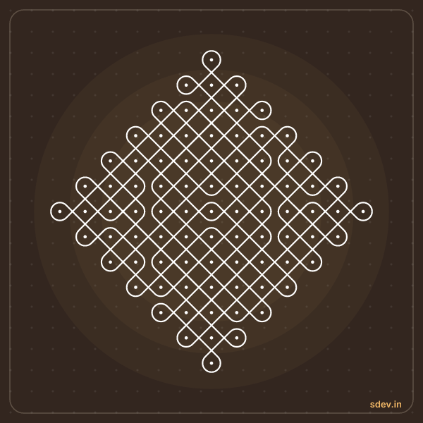 Sikku Kolam, 13 - 1 straight dots, No. 54: finished kolam design