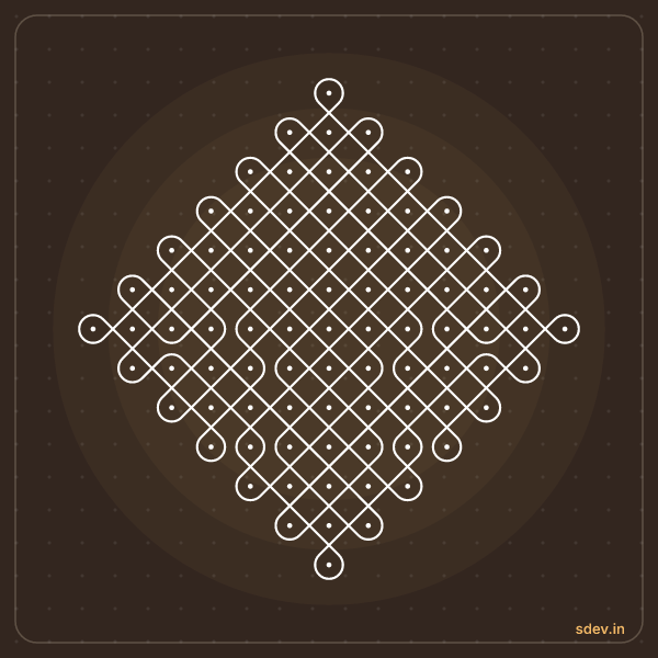 Sikku Kolam, 13 - 1 straight dots, No. 58: finished kolam design