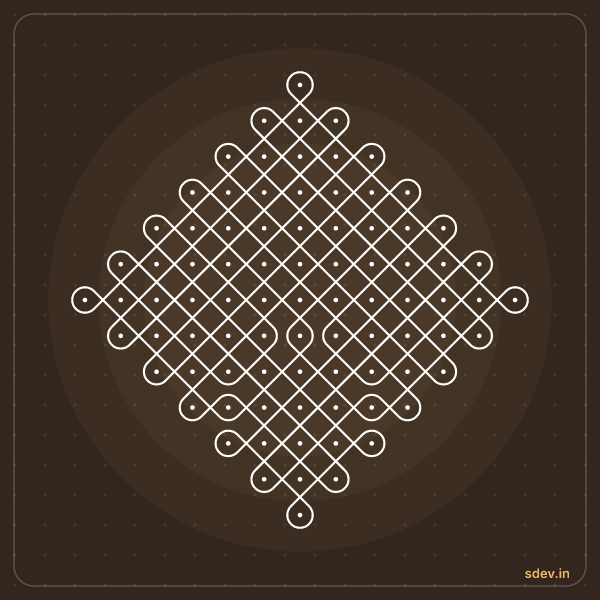 Sikku Kolam, 13 - 1 straight dots, No. 72: finished kolam design