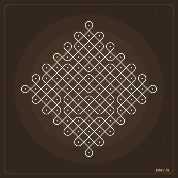 Sikku Kolam, 13 - 1 straight dots, No. 73: finished kolam design