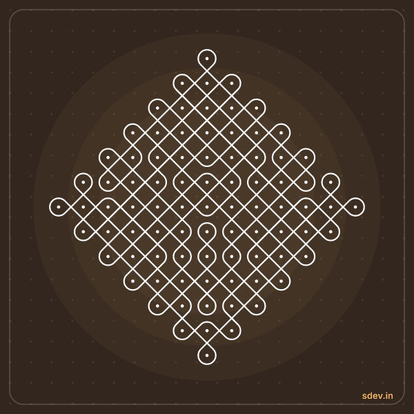 Sikku Kolam, 13 - 1 straight dots, No. 74: finished kolam design