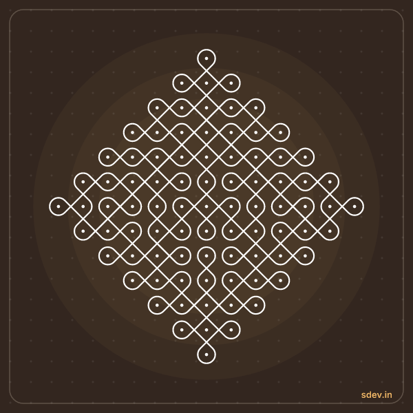 Sikku Kolam, 13 - 1 straight dots, No. 76: finished kolam design