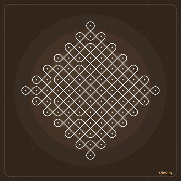 Sikku Kolam, 13 - 1 straight dots, No. 77: finished kolam design