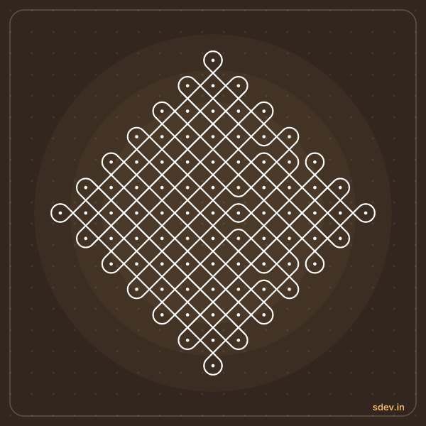 Sikku Kolam, 13 - 1 straight dots, No. 91: finished kolam design